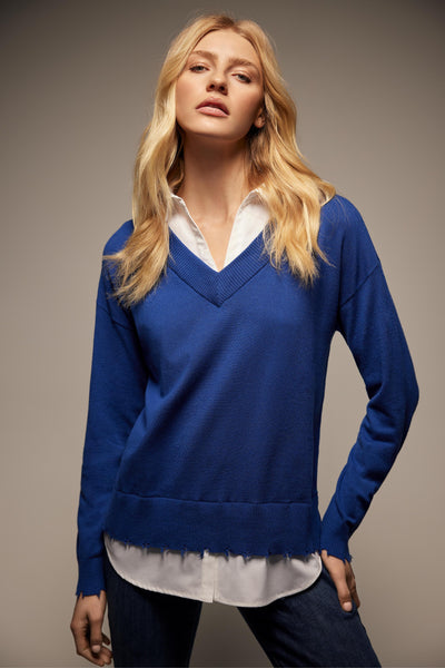 V-Neck Fooler Sweater with Shirt Collar Charlie B