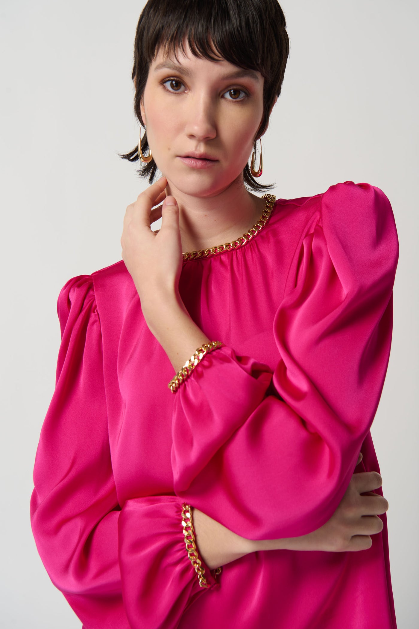 Joseph Ribkoff Satin Puff Sleeve Top With Gold Chain 