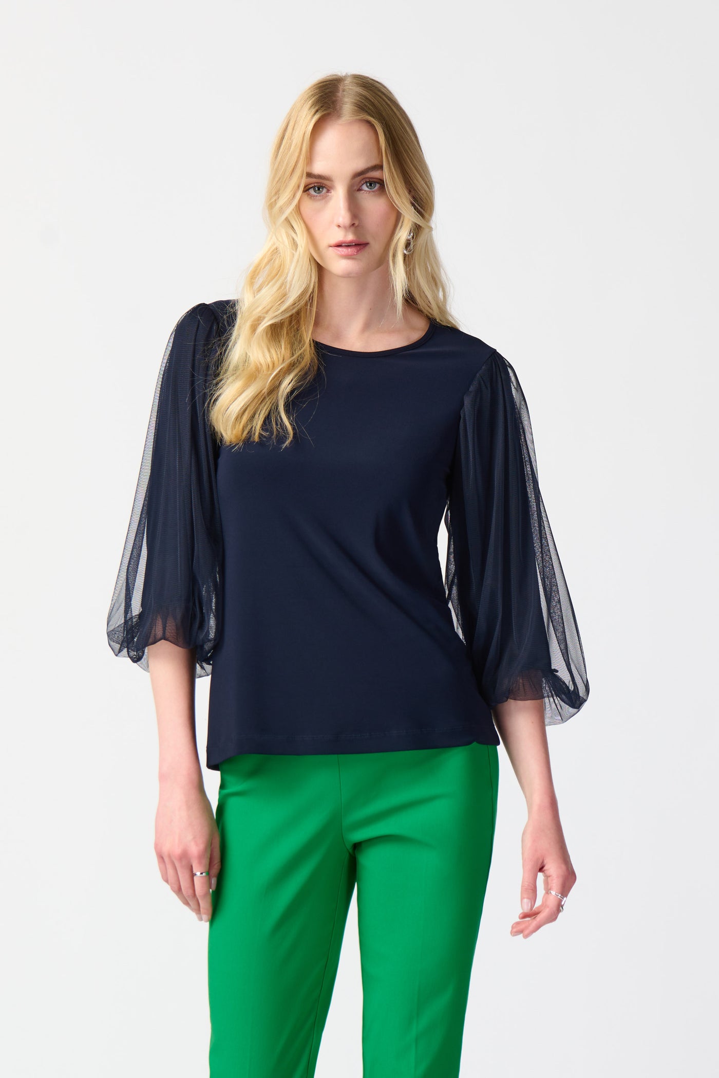 Joseph Ribkoff Silky Knit Top With Mesh Sleeves 