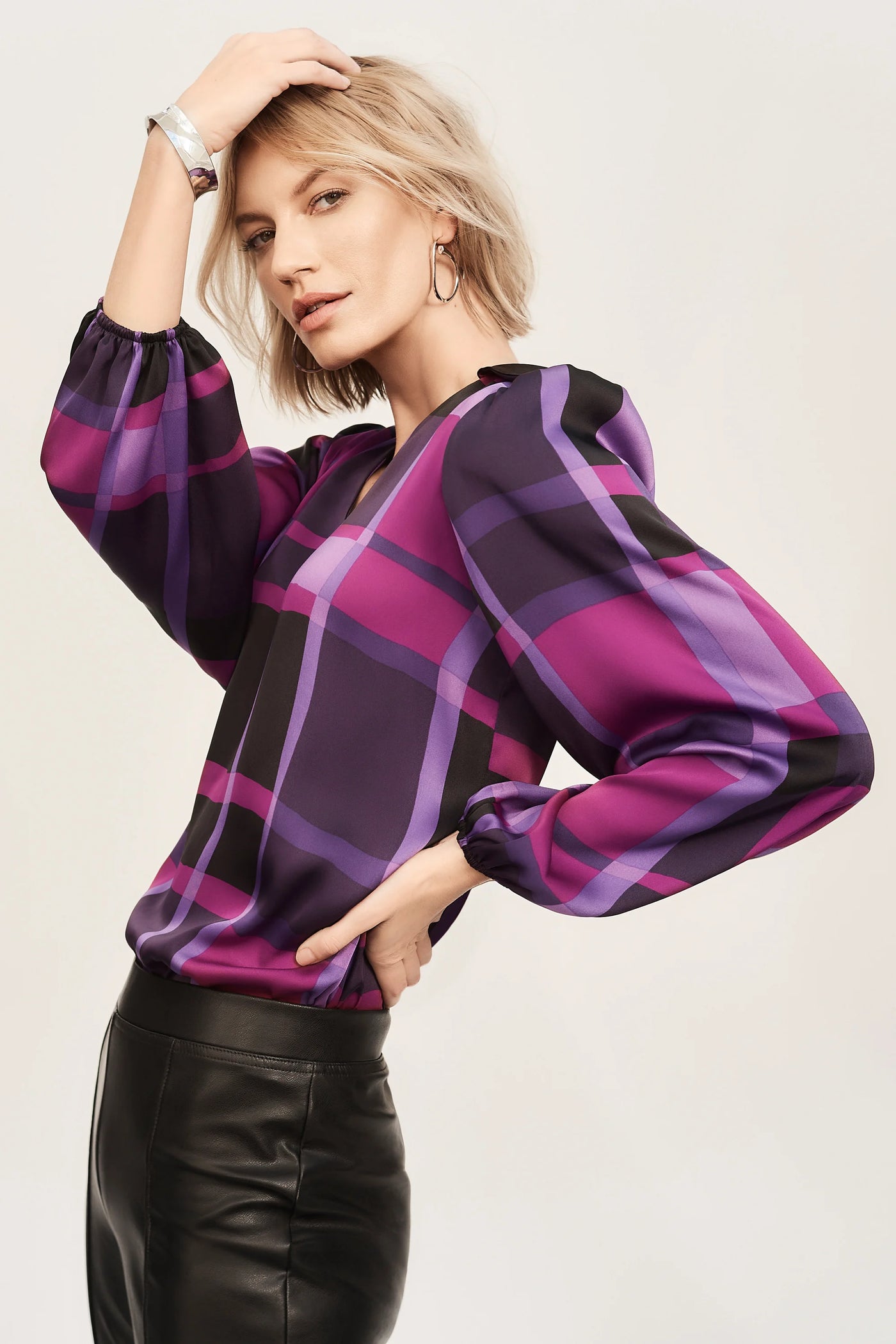 Satin Abstract Plaid Print Top Joseph Ribkoff