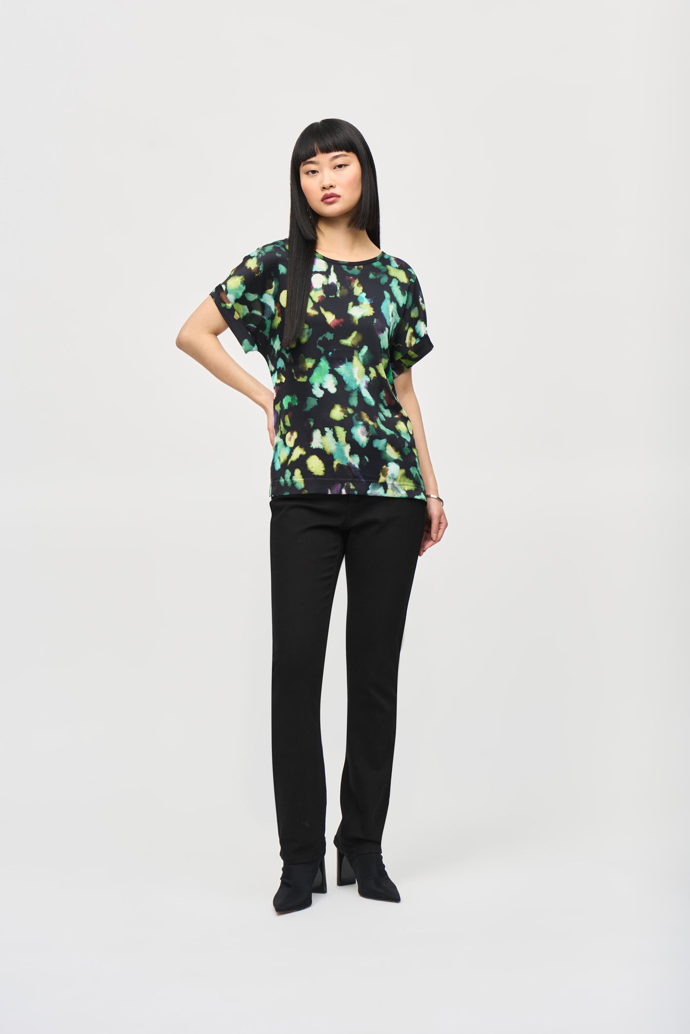 Satin Front Abstract Print Short Sleeeve Top Joseph Ribkoff