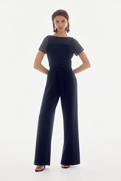 Signature Silky Knit And Guipure Wide Leg Jumpsuit Joseph Ribkoff