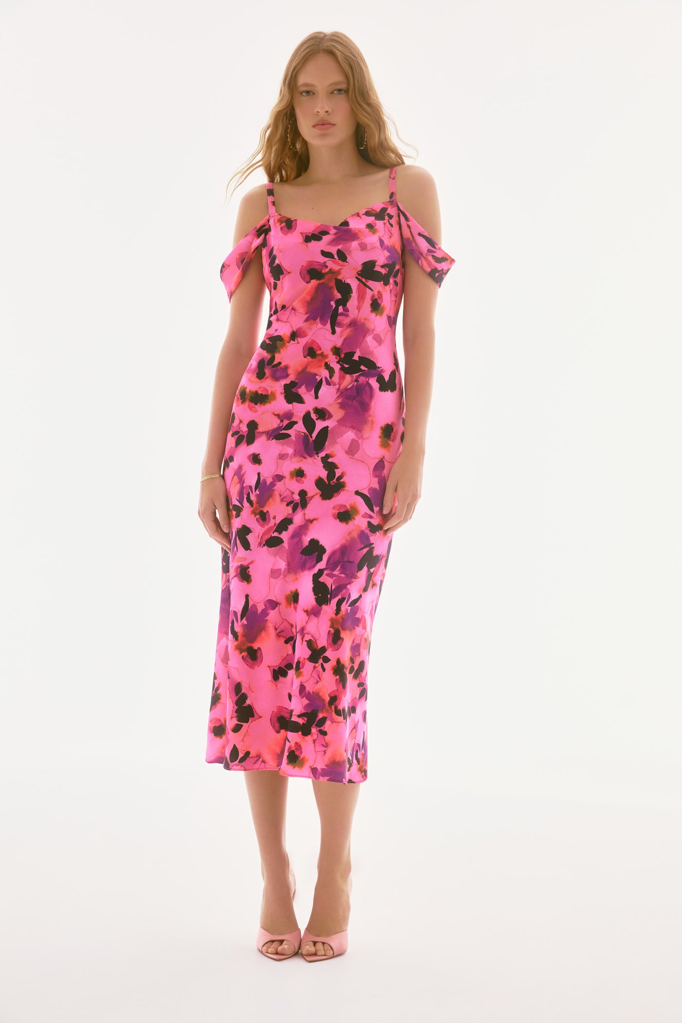 Signature Satin Floral Sheath Dress with Cold Shoulder Joseph Ribkoff