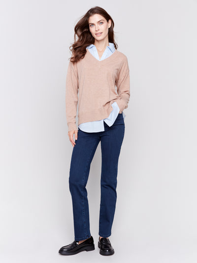 V-Neck Fooler Sweater with Shirt Collar Charlie B