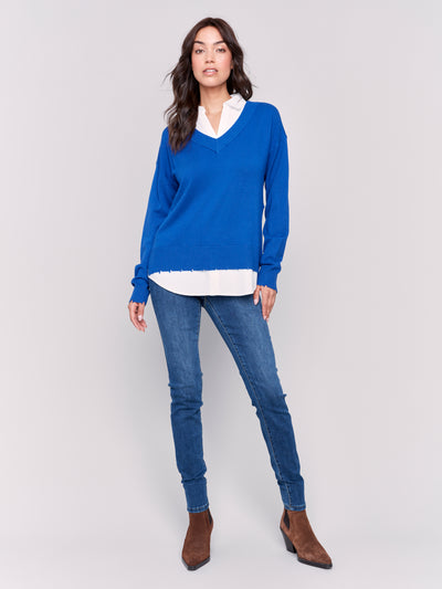 V-Neck Fooler Sweater with Shirt Collar Charlie B