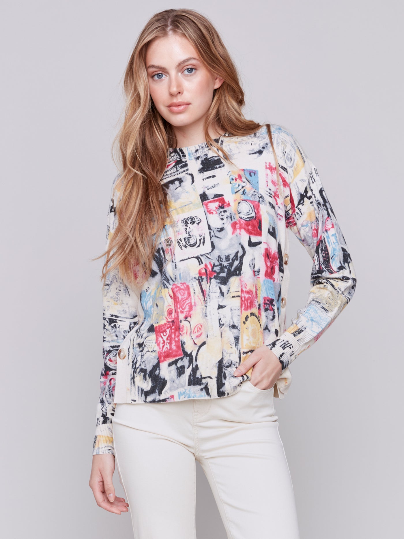 Printed Sweater with Side Buttons Charlie B