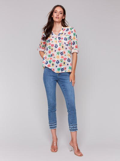 Printed Cotton Gauze Half-Button Blouse Charlie B