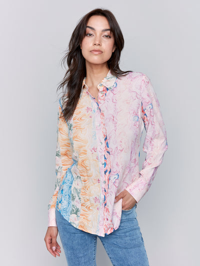 Printed Long Sleeve Button-Down Blouse Charlie B