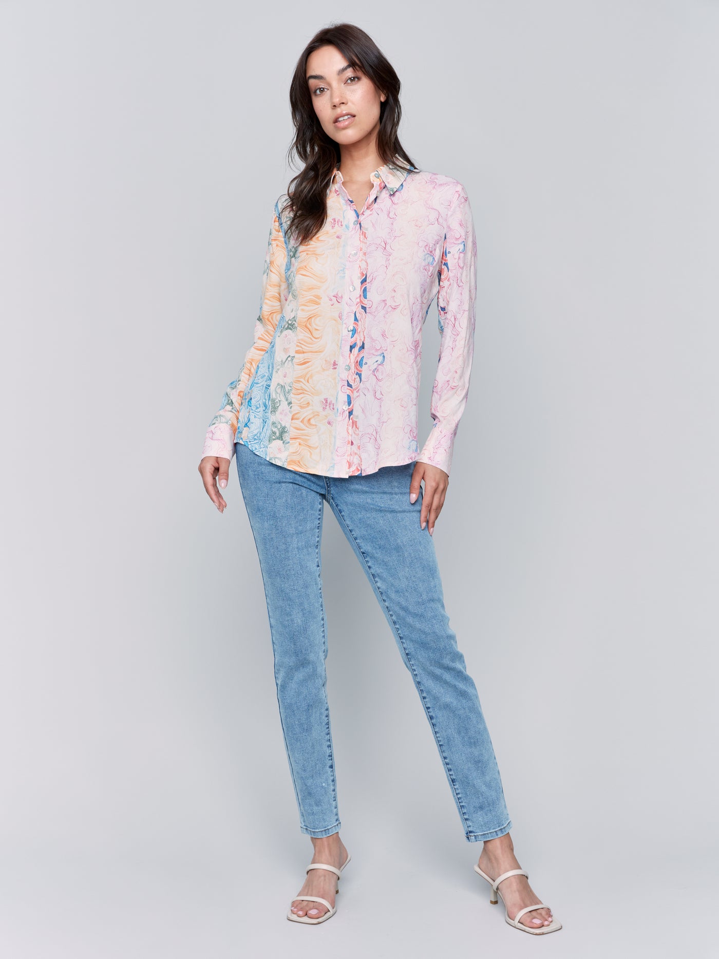 Printed Long Sleeve Button-Down Blouse Charlie B