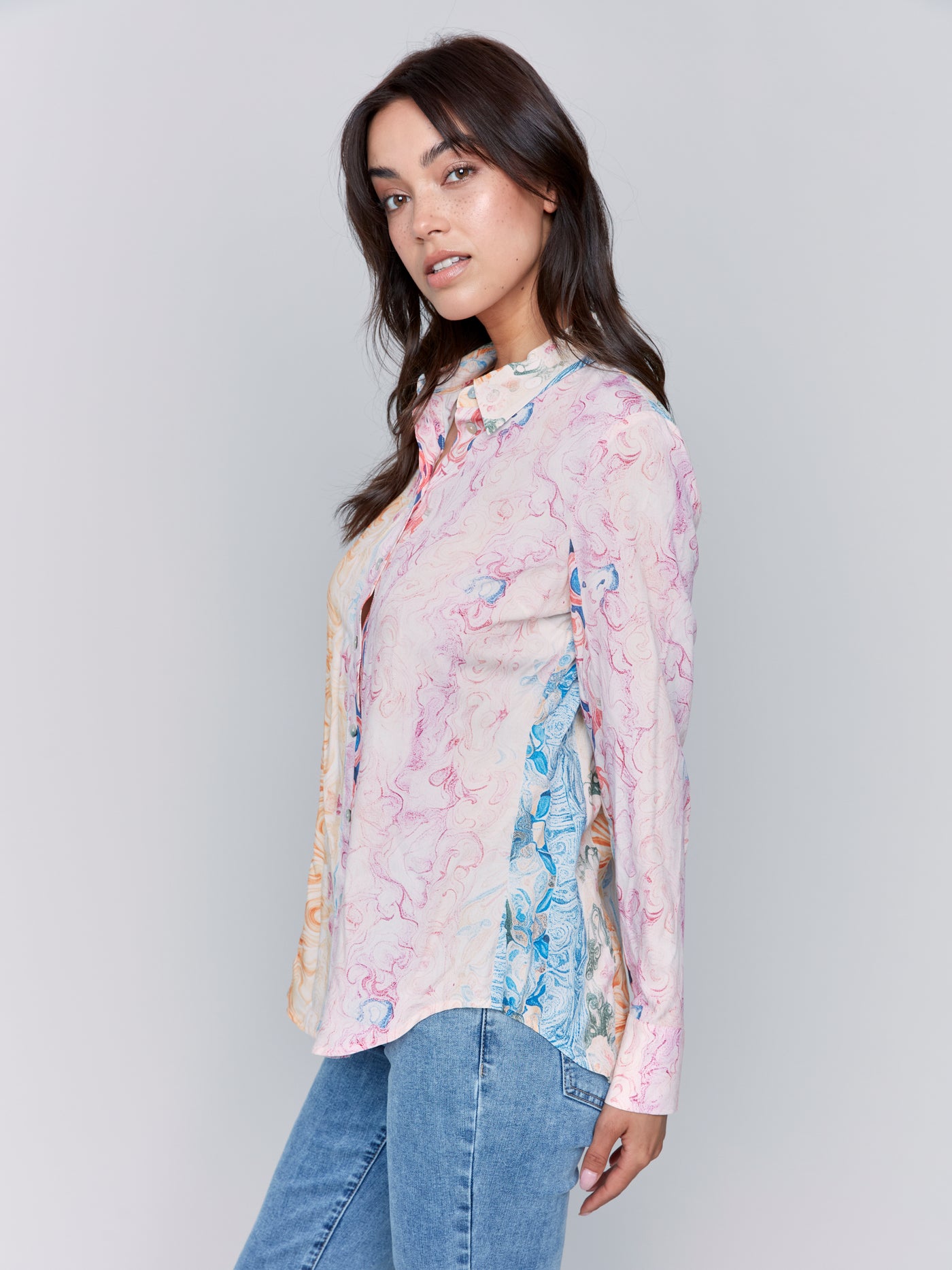 Printed Long Sleeve Button-Down Blouse Charlie B