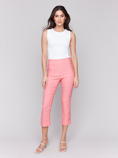 Solid Pull On Stretch Cropped Cuffed Pant Charlie B