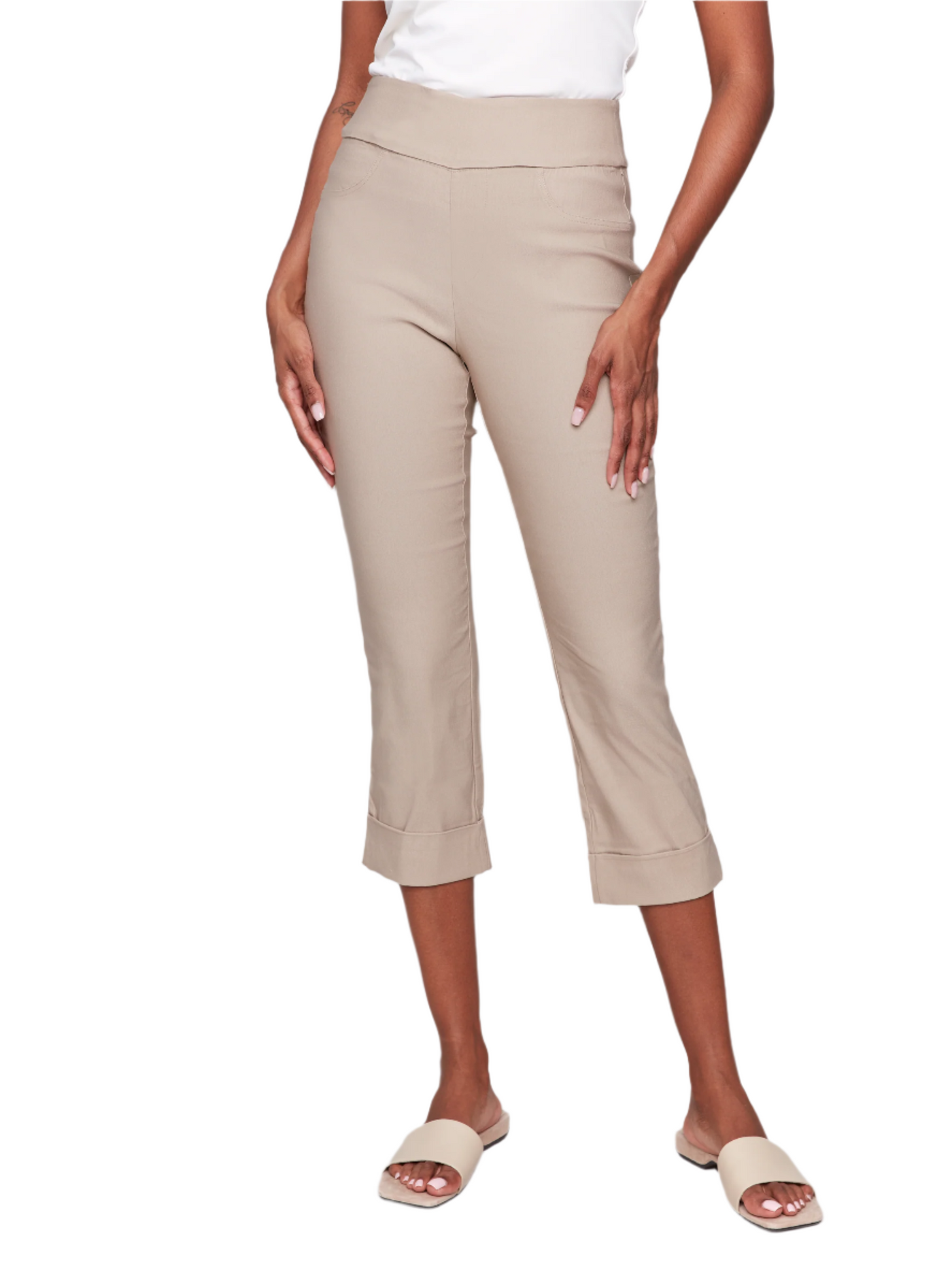 Solid Pull On Stretch Cropped Cuffed Pant Charlie B