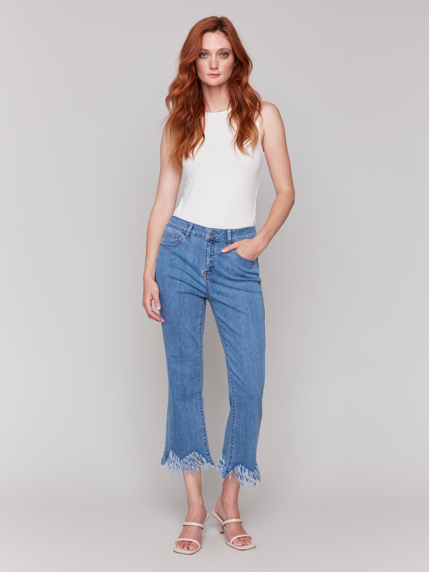 Cropped Jeans with Fringed Hem Charlie B