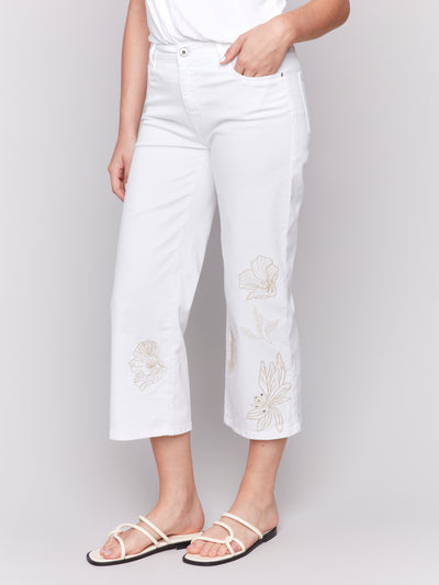 Floral Embroidered Cropped Flare Twill Pants Charlie B