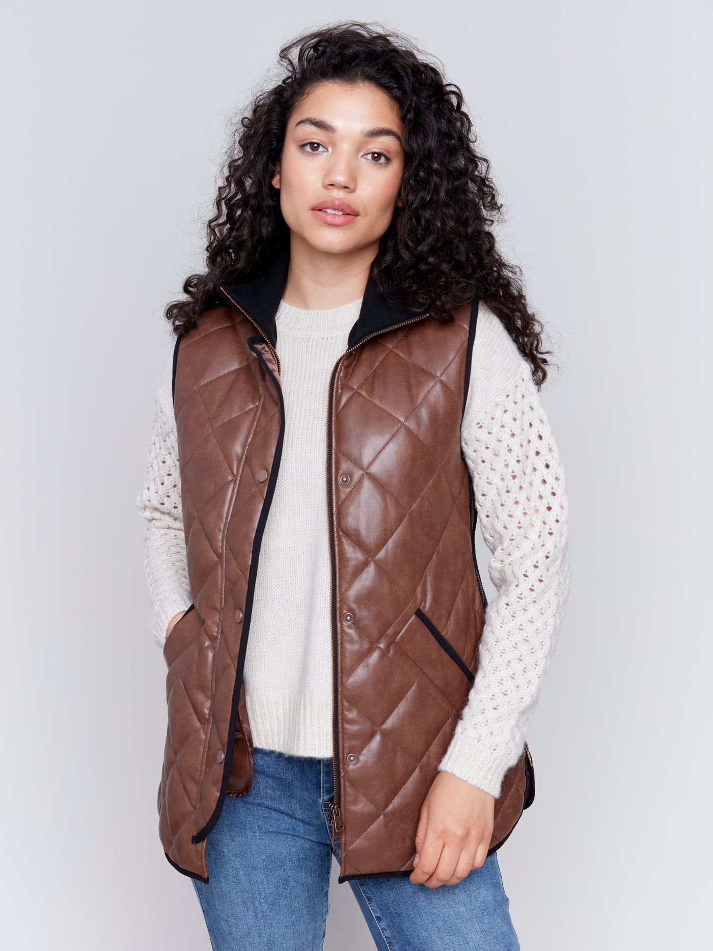 Long Quilted Faux Leather Vest Charlie B