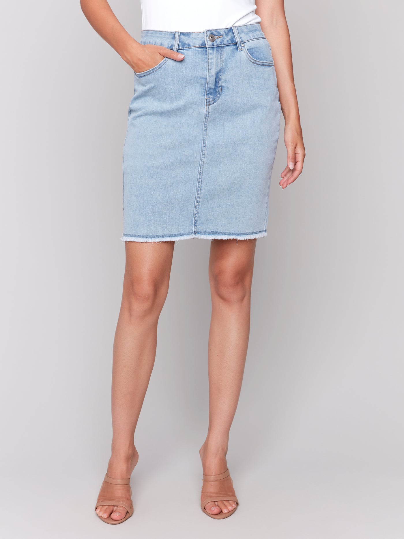 Stretch Denim Skort with Frayed Hem Charlie B