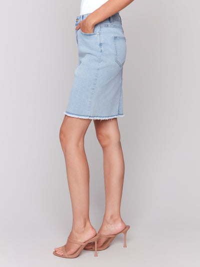 Stretch Denim Skort with Frayed Hem Charlie B