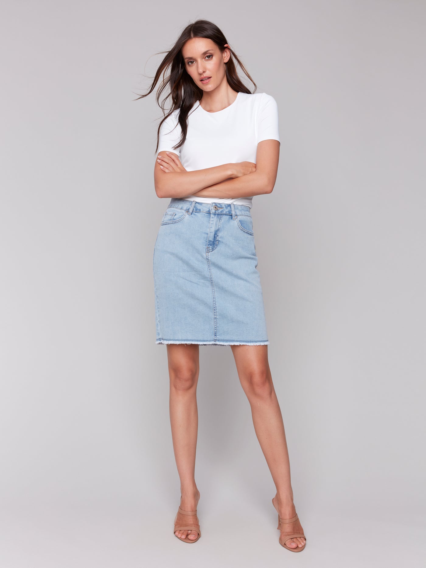 Stretch Denim Skort with Frayed Hem Charlie B