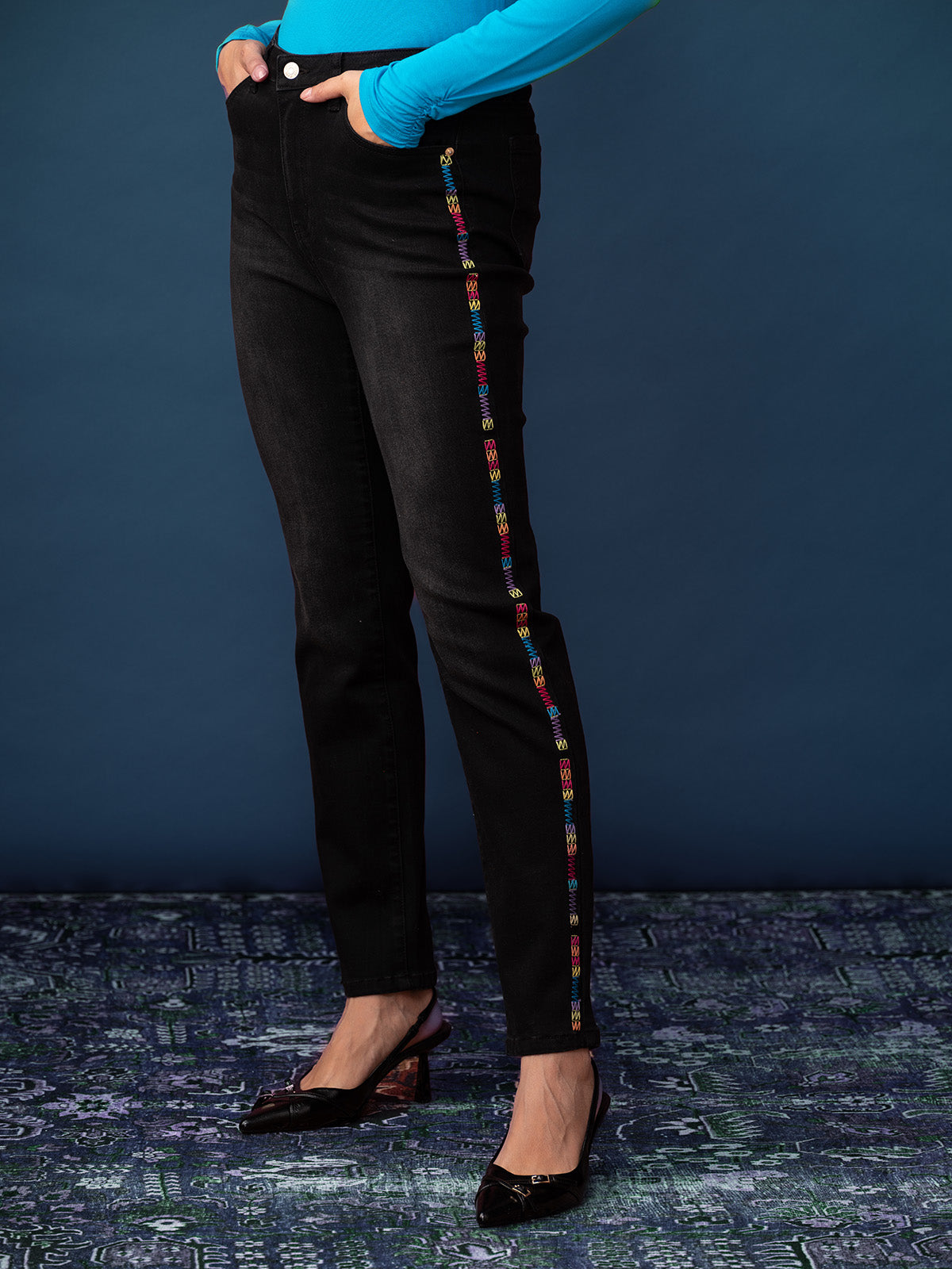 Embroidered Side-Stripe Jeans Elena Wang