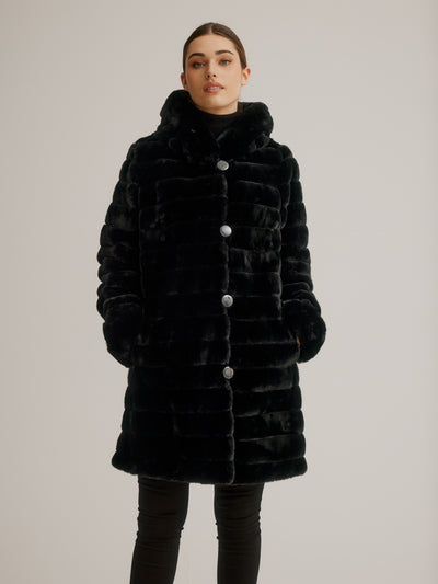 Reversible Faux Fur Coat W/ Fixed Hood & Button Front Nikki Jones