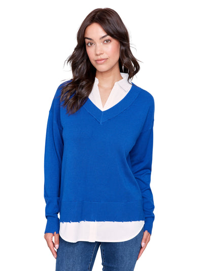 V-Neck Fooler Sweater with Shirt Collar Charlie B