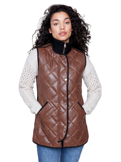 Long Quilted Faux Leather Vest Charlie B