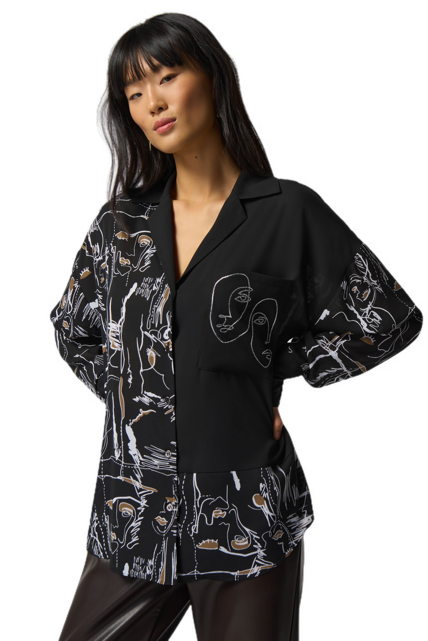 Joseph Ribkoff Face Print Button-Down Blouse 