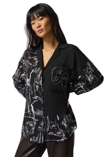 Joseph Ribkoff Face Print Button-Down Blouse 