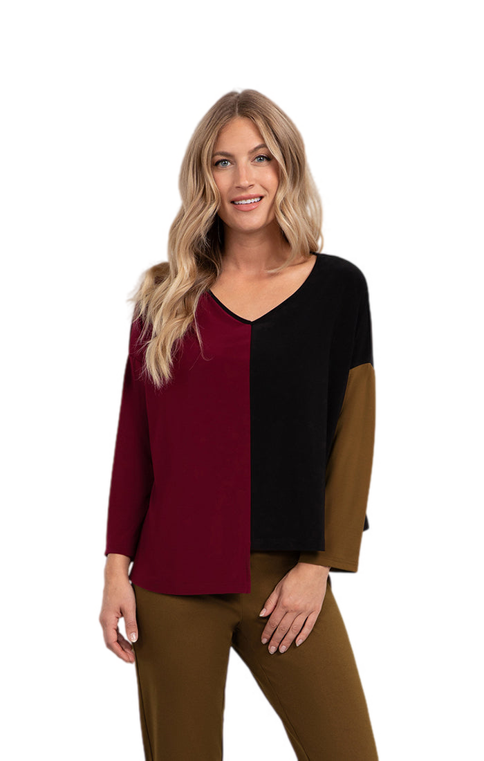 Sympli Colour Block Etch V-Neck Top, Long Sleeves 