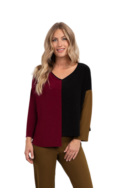 Sympli Colour Block Etch V-Neck Top, Long Sleeves 