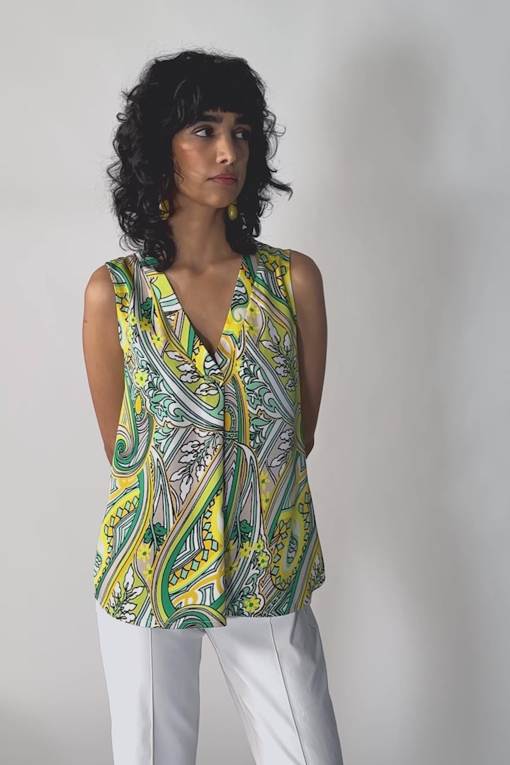 Satin Paisley Print Sleeveless Flared Top